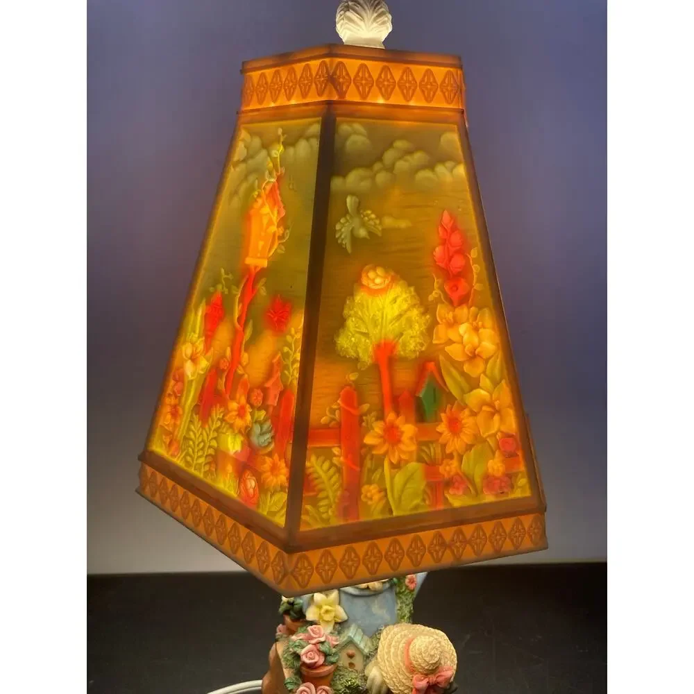 VTG Lamp Etched Molded Plastic/ Celluloid Shade - Garden Scene Base-Works